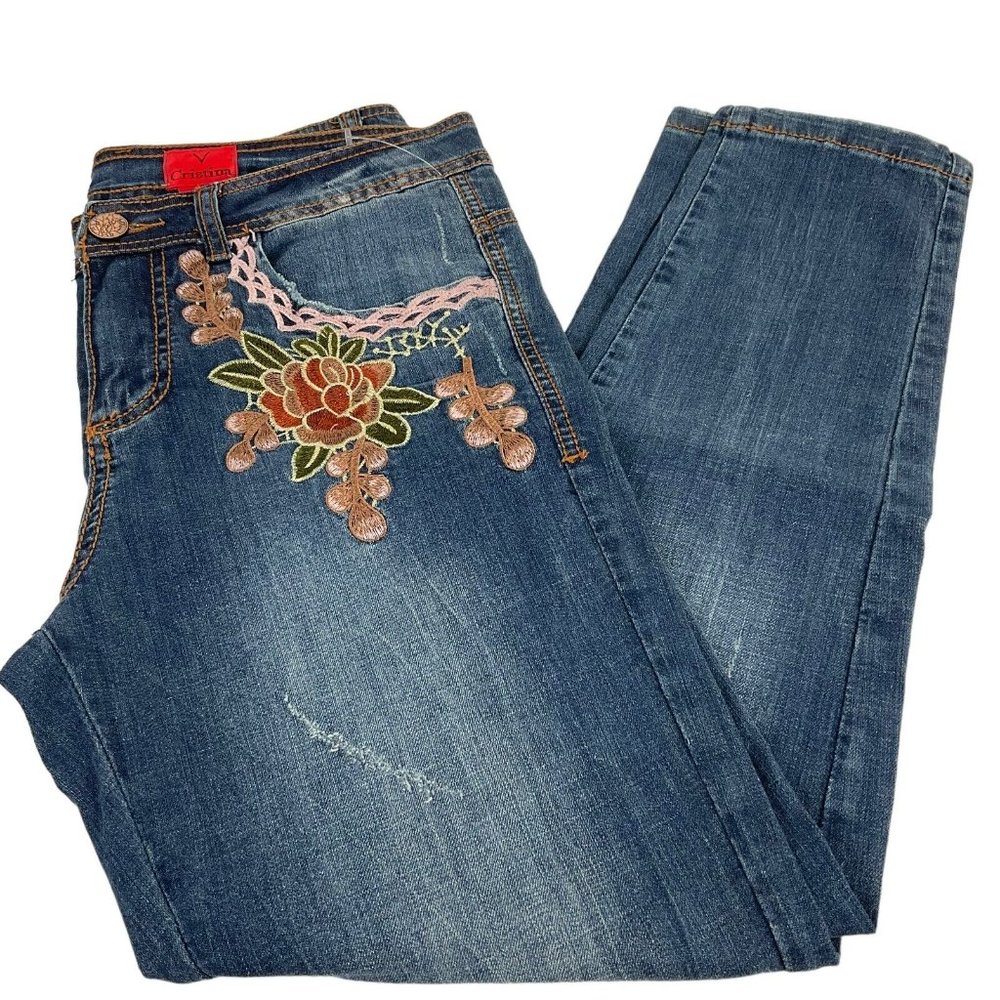V Christina Jeans Women's 8 Blue Embroidered Mid Rise Skinny Stretch $156 Nwot - Picture 3 of 10